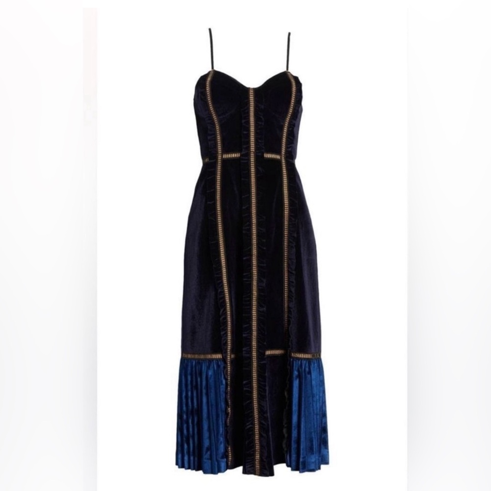 SELF-PORTRAIT Velvet Paneled Midi Dress in Midnight Blue Sz US4, UK8